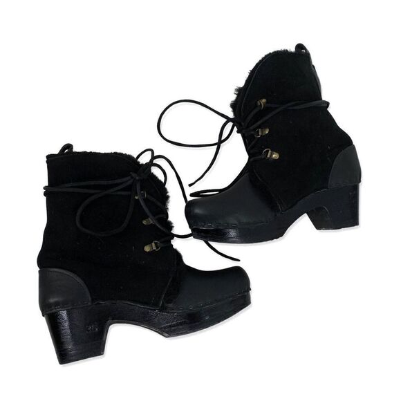 No. 6 Black Shearling Clog Boots Sz 5 Leather Lace Up Ankle Winter Platforms 36 - Picture 5 of 8